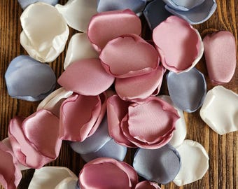 Custom wedding flowers, Dusty blue mauve bride and bridesmaid gifts, wedding flowers, flower girl petals, aisle decor, reception table decor
