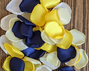 Navy and yellow flower petals for wedding tossing, bridal shower table confetti, bridesmaid flowers gift boxes, rustic party decor supplies
