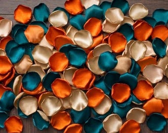 Teal Champagne Burnt Orange Satin Rose Petals Wedding Confetti Altar Decor & Table Scatter