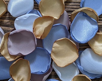 Boho chic dusty blue gold taupe rose petals for  aisle runner and bridal shower table decor-farmhouse flower girl petals to mix with leaves