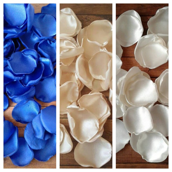 Royal blue and champagne wedding decorations, rustic barn flowers, rose petals, flower girl accessories, bridal shower decor, centerpieces.