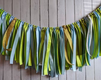 Boy birthday garland, ribbon garland, blue and green decorations, ribbon garland backdrop, 1st birthday boy party, party decor, high chair
