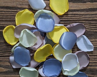 Dusty blue yellow modern boho summer or spring custom rose petals, rustic barn aisle runner decor, flower girl petals for basket, confetti