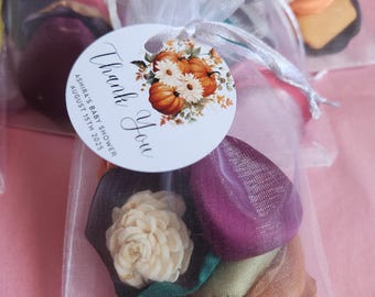 Pumpkin Fall Favor – Sola Flower with Satin Petals, Scent & Organza Bag – Rustic Autumn Baby Shower or Bridal Tag Option
