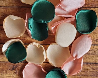 Emerald green champagne and rose gold rose petals for wedding decor, rustic or boho flower girl petals toss, fall cake table decorations