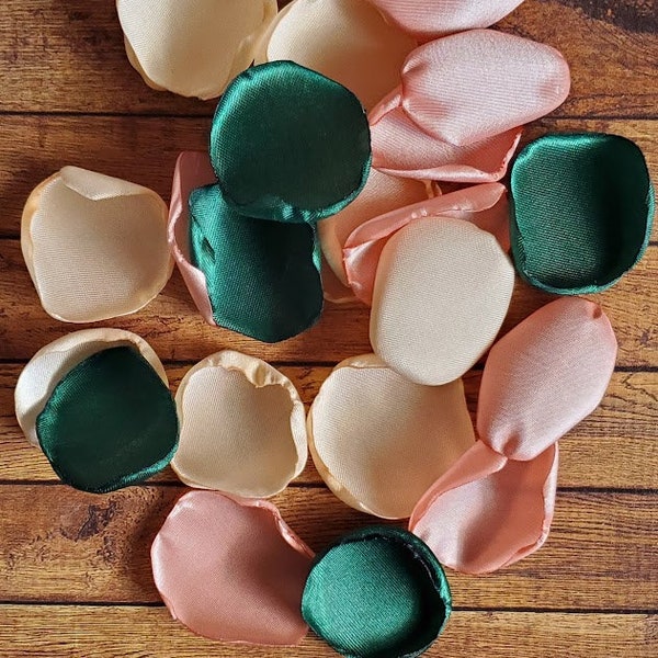 Emerald green champagne and rose gold rose petals for wedding decor-rustic or boho flower girl petals toss-fall cake table decorations