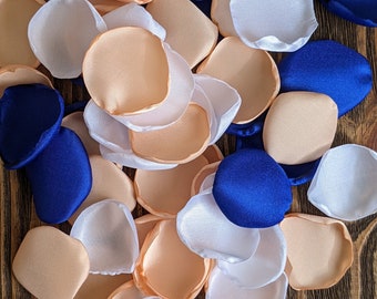 Royal blue white peach rose petals for wedding decor, flowers confetti for centerpieces, aisle runner toss decor, modern table decorations