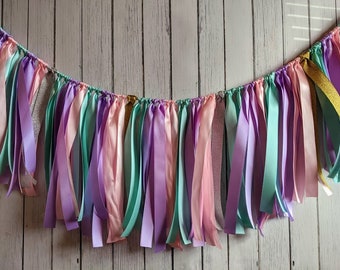 Mermaid garland-ribbon garland-under the sea decorations-ribbon garland backdrop-mermaid party-party decor-aqua lilac and pink decoration.