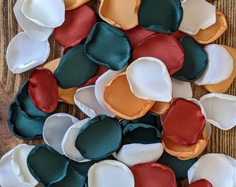 Emerald green rust and mustard rose petals for fall wedding aisle and table decor, flower girl petals for baskets, forest barn rustic toss