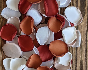 Terracotta rust wedding idea, rose petals, flower girl accessories, woodland boho decor, dessert table decoration, rustic autumn flower toss