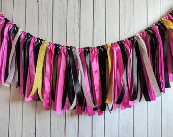 Party decor-hot pink and black garland-ribbon garland-bachelorette party decorations-ribbon garland backdrop-birthday high chair decorations