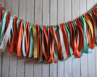 Coral & Aqua Ribbon Garland – Summer Party Decor, Baby Shower Backdrop, High Chair Banner