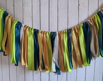 Jungle party ribbon garland, green and gold party decorations, safari baby shower, bridal shower banner, high chair decor, enchanted forest