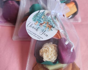 Winter Woodland Favor with Satin Rose Petals & Sola Flower – Enchanted Forest Baby Shower Gift – Snow Theme Wedding Sachet