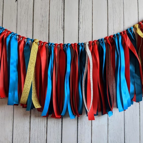 Carnival circus garland-baby shower ribbon garland-circus decorations-ribbon garland backdrop-turquoise and red party decor-high chair decor