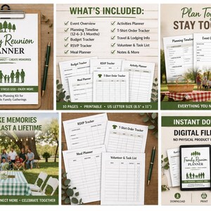 May include: A digital Family Reunion Planner, featuring a complete planning kit for unforgettable family gatherings. Includes event overview, planning timeline, budget tracker, RSVP tracker, and more. Available as an instant PDF download.