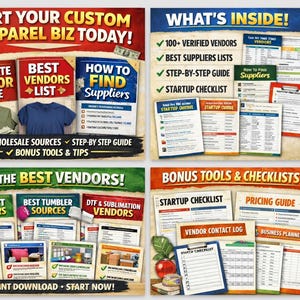 May include: A promotional graphic with the text "START YOUR CUSTOM APPAREL BIZ TODAY!" and "FIND THE BEST VENDORS!" The image includes guides, lists, and checklists for starting a business, with examples of t-shirts and money.