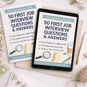May include: A tablet and a book titled "First Job Interview Guide" with the text "50 First Job Interview Questions & Answers". The tablet displays the same text. Additional items include a pen, paper clips, and a notepad. The guide is "Great for Teens & First Job Seekers!"