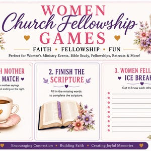 Könnte beinhalten: Ein dekoratives Spielset für Frauen-Kirchengemeinde-Veranstaltungen. Das Design zeigt ein goldenes Kreuz, Blumenarrangements, Kaffeetassen und Spielaufforderungen. Der Text enthält "Women Church Fellowship Games" und Spieltitel.