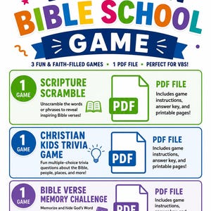 Paquete de juegos para la Escuela Bíblica de Vacaciones / Juego de palabras con versículos bíblicos, preguntas de cultura general, desafío de memoria (descarga digital)
