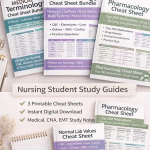 Könnte beinhalten: Eine Sammlung druckbarer medizinischer Lernhilfen für Krankenpflegeschüler. Das Bild zeigt mehrere Spickzettel mit Titeln wie "Medizinische Terminologie", "Pharmakologie" und "Normale Laborwerte". Die Leitfäden behandeln Themen wie Medikamente und medizinische Terminologie.