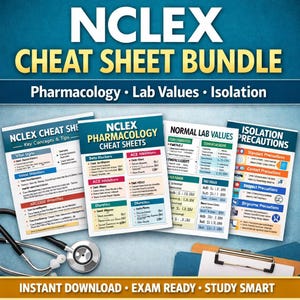 May include: A collection of NCLEX cheat sheets covering Pharmacology, Lab Values, and Isolation. The sheets display key concepts, vital signs, and normal lab values. A stethoscope and clipboard are also present.