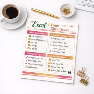 Op de afbeelding: Een Excel 1-Page Cheat Sheet met basisformules, opmaaktips en instructies voor het maken van grafieken. Het vel ligt op een wit oppervlak met een kop koffie, een gouden pen, paperclips en bindclips.