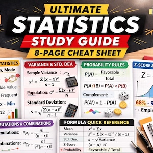 Op de afbeelding: Een studiehandleiding getiteld "Ultimate Statistics" met een 8-pagina's tellende spiekbrief. De afbeelding toont formules, grafieken en diagrammen met betrekking tot beschrijvende statistiek, variantie, waarschijnlijkheid en Z-scores. Een rekenmachine, pennen en koffie zijn ook zichtbaar.
