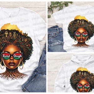 Op de afbeelding: Witte t-shirts en een hoodie met een levendige illustratie van een vrouw met gedetailleerde afro, zonnebril met de tekst "Rooted Strength" en een boomachtige basis. Het ontwerp bevat gouden accenten en een kaart van Afrika.