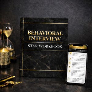 Może przedstawiać: Czarny notatnik o marmurowej fakturze ze złotymi literami z napisem "BEHAVIORAL INTERVIEW STAR WORKBOOK". Smartfon wyświetla tekst, a w tle znajduje się klepsydra i świeca. Tematem jest rozwój kariery.