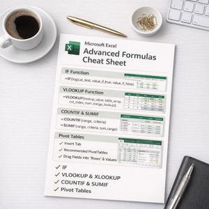May include: A Microsoft Excel Advanced Formulas Cheat Sheet is on a light surface, with a coffee cup, gold pen, paper clips, keyboard, and notebook. The sheet details formulas for IF, VLOOKUP, COUNTIF, SUMIF, and Pivot Tables, useful for spreadsheet users.