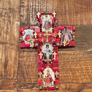 Catholic Mosaic Art Cross Infant of Prague Small Red Beaded