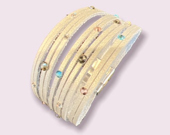 Brazalete de cuero, hecho a mano, cierre magnético, plata