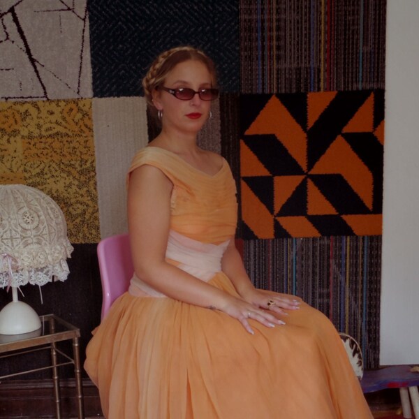 vintage peach tulle 50s party dress