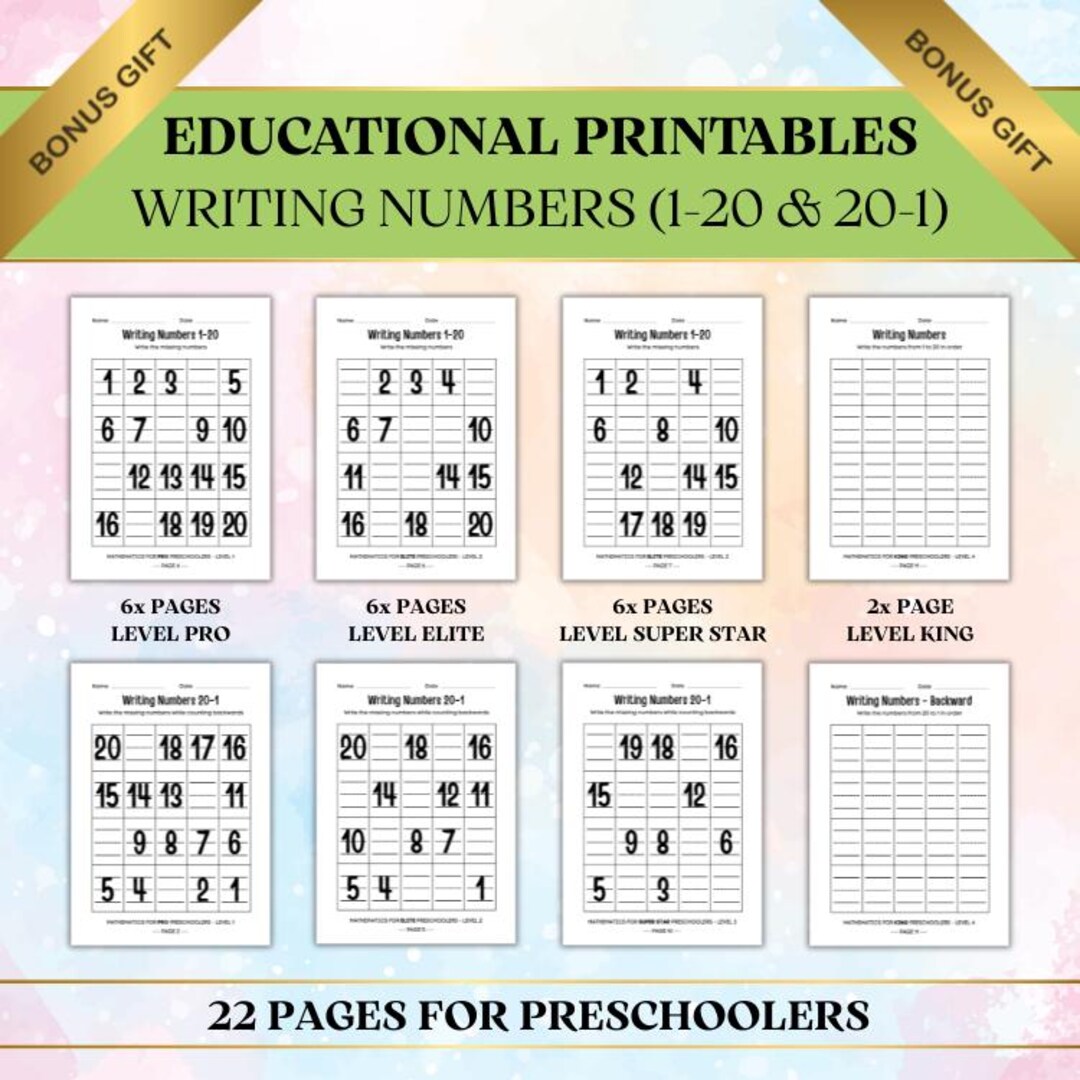 Number Writing Practice Worksheets 1–20 and 20–1, Preschool Tracing ...