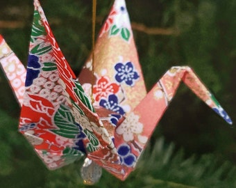 Exquisite Origami Ornament - Christmas Ornament - Origami Crane Christmas Ornament with crystal - peach, pink, gold - gift-boxed - #A3HGxm