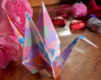 Origami Paper Crane decoration - wedding - party decor - favor - baby shower - pink with blossoms in blue, white, orange, purple - #B7ST