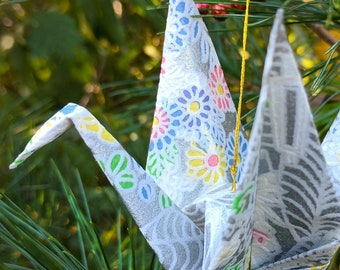 Unique Silver Origami Crane Christmas Ornament hung with sparkling crystal - arrives gift-boxed - #B3HGxm