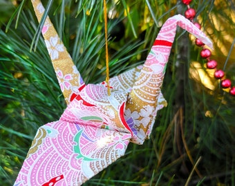 Origami Ornament - Unique Gold and Pink Origami Crane Christmas Ornament hung with sparkling crystal - arrives gift-boxed - #B1HGxm