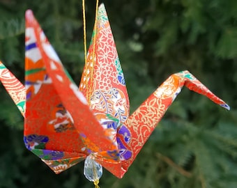 Exquisito adorno de origami: adorno navideño de grulla de origami de delicioso papel japonés, color rojo, viene en una hermosa caja de regalo - #A7HGxm