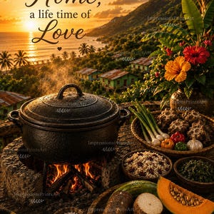 May include: A black cast iron pot sits on a stone fire pit with steam rising. Beside it are bowls of rice, greens, and fresh produce including cassava, pumpkin, and scallions. The text reads: A taste of Home, a life time of Love.