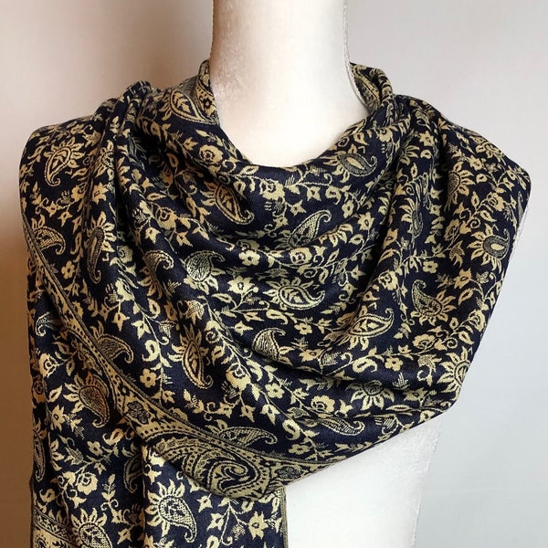 Pashmina Shawl in dark Navy Blue and clear Beige. Authentic Indian Scarf in high quality soft Viscose. Reversible Wrap. Perfect Gift