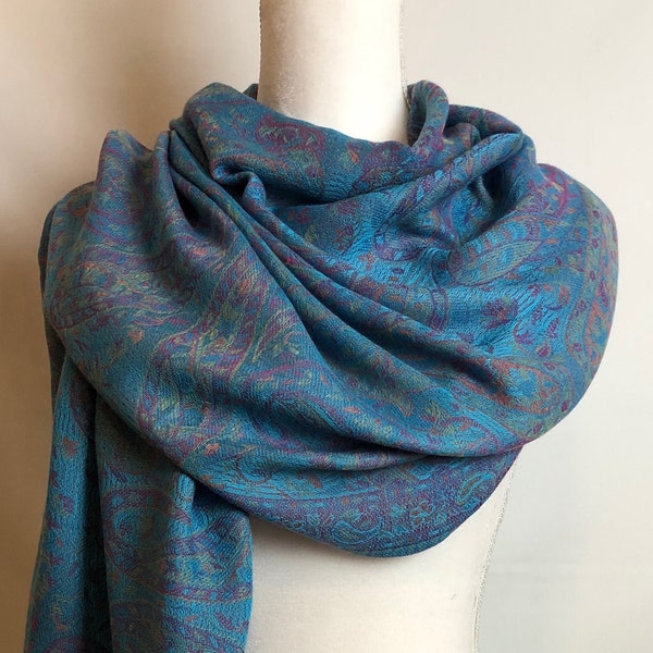 Turquoise Blue Pashmina Shawl made of soft Viscose Ultralight. Colorful Unisex Scarf. Reversible Wrap. Fine Stole.