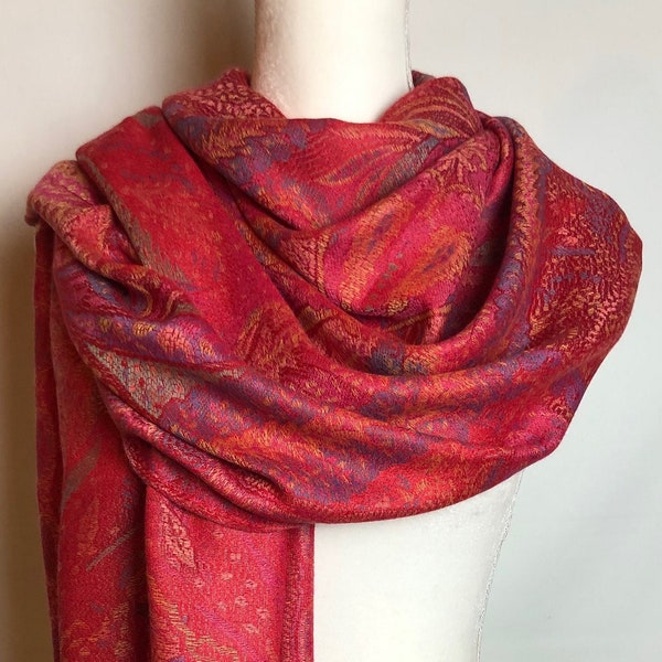 Bright Red Pashmina Shawl made of soft Viscose Ultralight. Colorful Unisex Scarf. Reversible Wrap. Fine Stole.