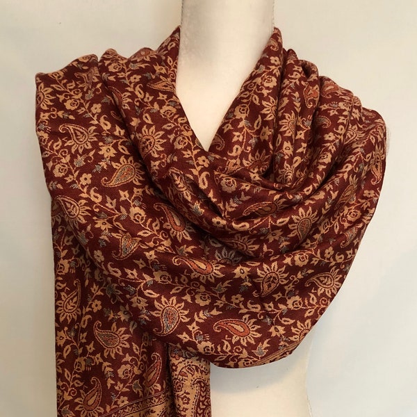 Pashmina Shawl in Red and Beige. Authentic Indian scarf in high quality soft Viscose. Reversible Wrap. Perfect Gift