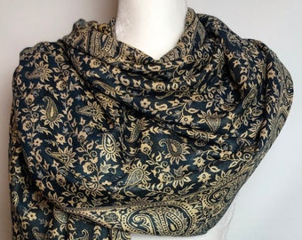 Pashmina Schal in Petrolblau und Beige. Authentischer Indianerschal aus hochwertiger weicher Viskose. Unisex Wendetuch