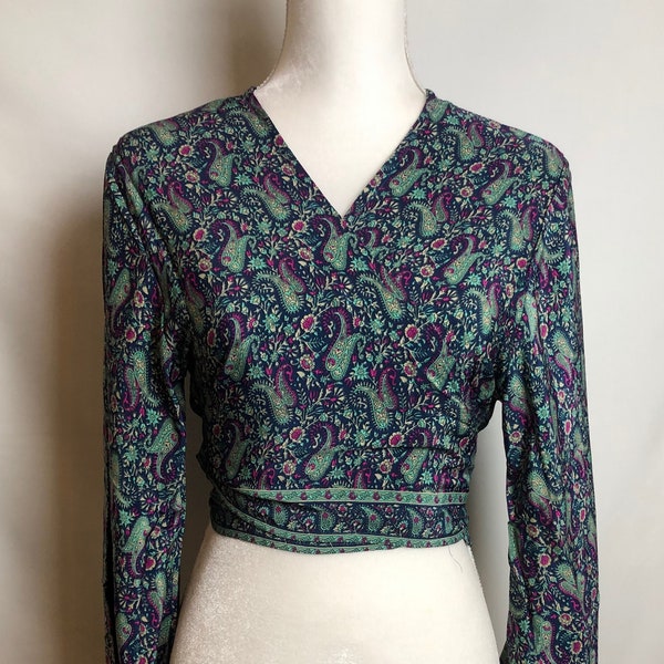 Silk Top made of upcycled Indian Sarees, BoHo Top, Wrap Blouse, Silk Wrap Crop Top with Flared Sleeve, Dark Blue Paisley Adjustable Blouse