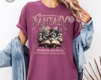 Comfort Colors* Fantasy Readers Society T-shirt Dragon Book Shirt Mythical Creatures Book Top Bookish Vintage Reading T-shirt for Women