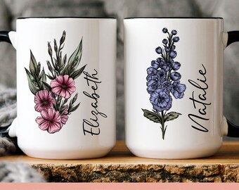 Personalized Birth Flower name mug, Custom Colored Birth Flower Gift, Bridesmaid Proposal, Birth Flower Gift, Zodiac sign flower mug