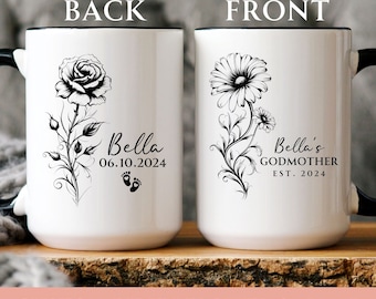 Personalized Godmother birth flower name mug, EST Godmother Proposal Gift, Custom Flower Mug, Baptism Gift, Christening Gift, Wildflower mug